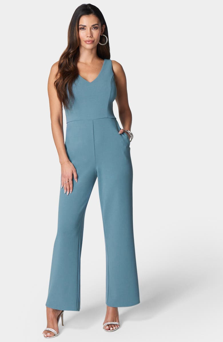 bebe V-Neck Scuba Jumpsuit, Main, color, Denim