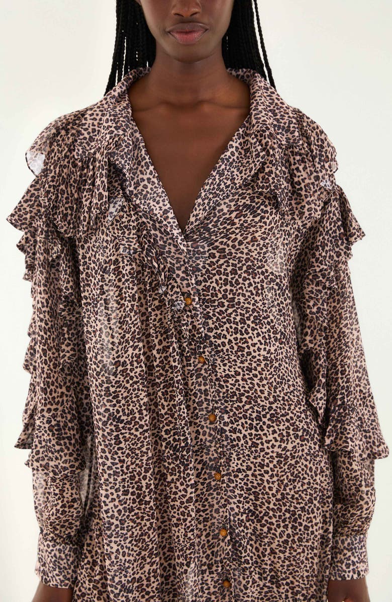 FARM Rio Baby Leopard Ruffle Long Sleeve Maxi Shirtdress, Alternate, color, Baby Leopard Pink