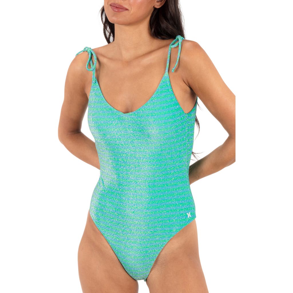 Hurley Metallic Stripe One-Piece Swimsuit in Surf Blue at Nordstrom, Size Medium