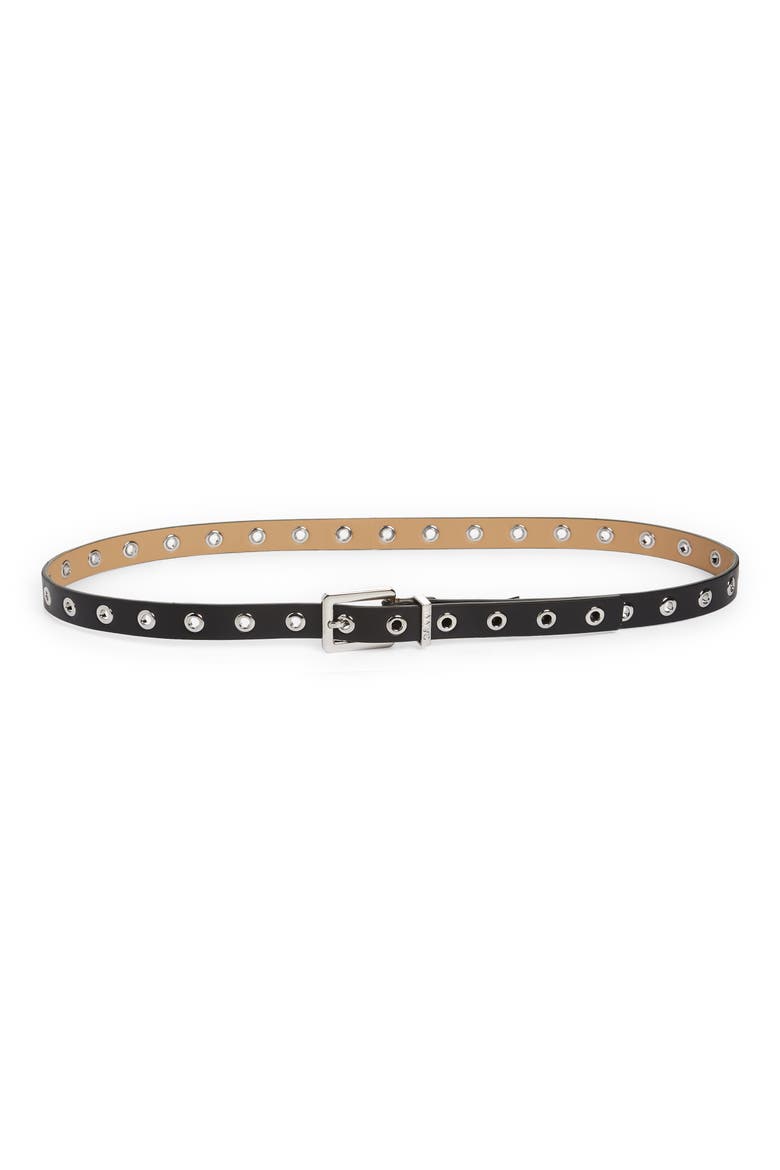 Thin Eyelet Recycled Leather Belt, Main, color, BLACK