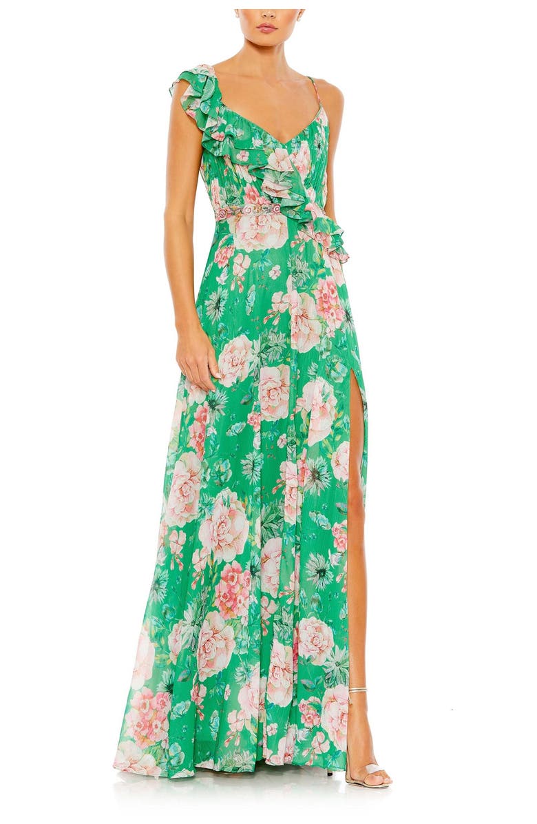 Mac Duggal Floral Print Ruffled Wrap Over A Line Gown, Main, color, Green Multi