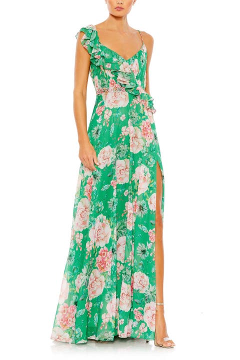 Floral Print Ruffled Wrap Over A Line Gown