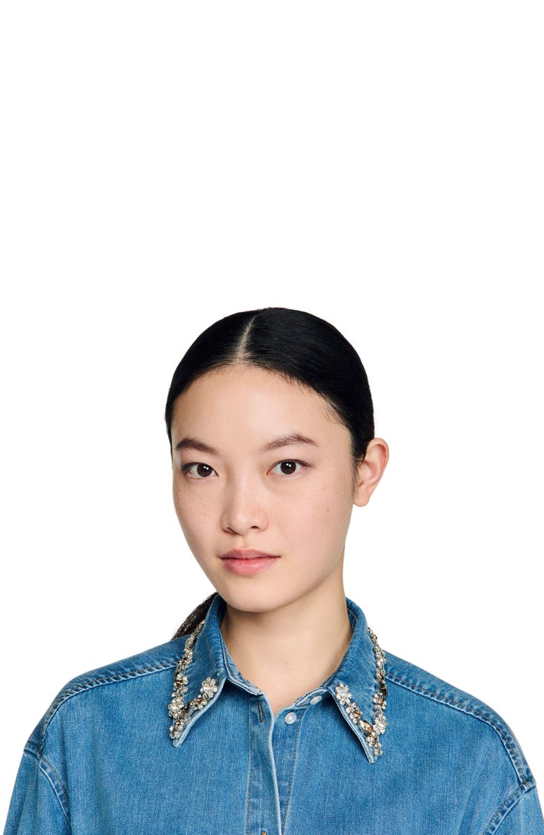 SANDRO Denim shirt with rhinestones, Alternate, color, Blue Jean