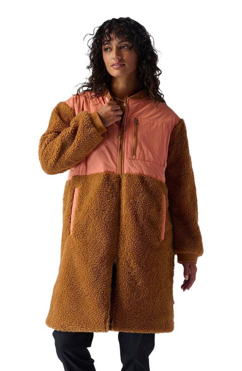 Mixed Fabric Fleece Long Coat - Women's