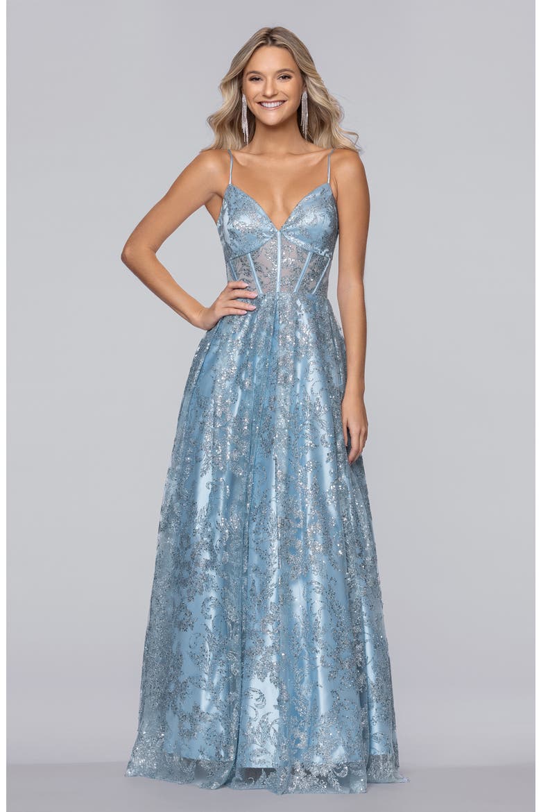 Jill Glitter Mesh Corset Gown, Alternate, color, LIGHT BLUE