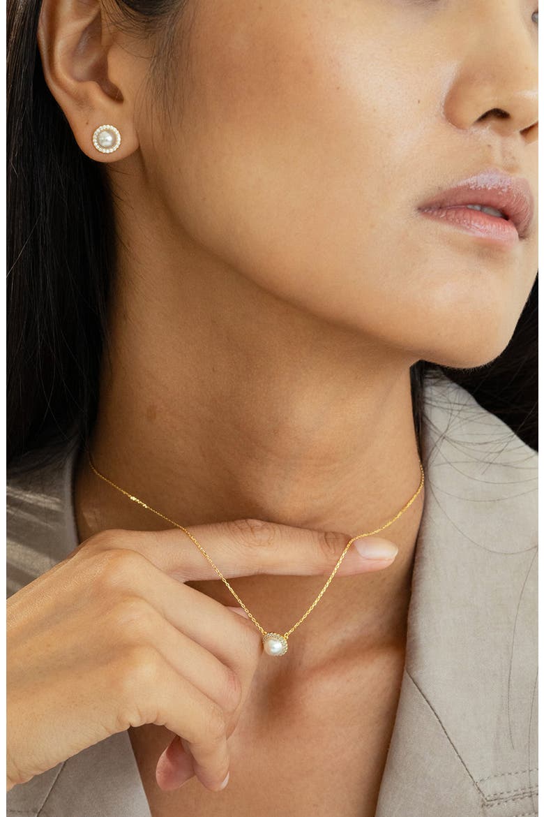 Sterling Silver 18k Gold Plated Eleanor Single Cultured Pearl Necklace & Stud Earrings Set, Alternate, color, Gold