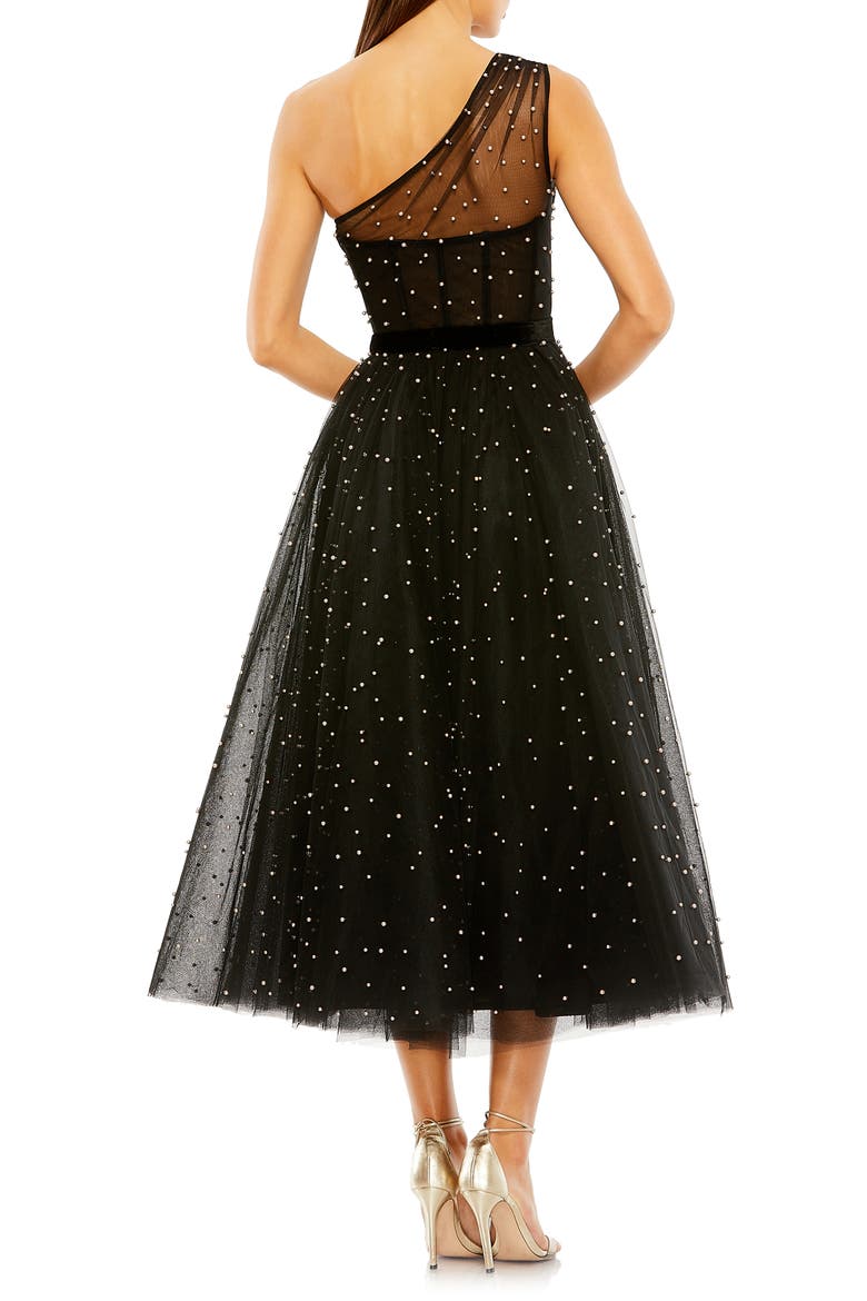 Women's One Shoulder Pearl Beaded Midi Ballgown, Alternate, color, BLACK