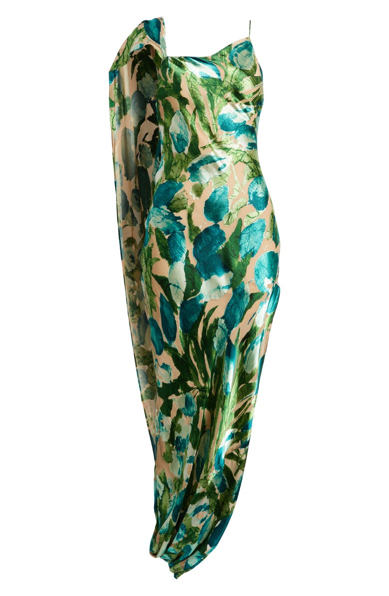 Cult Gaia Iker Asymmetric Neck Leaf Print Jacquard Silk Blend Gown, Alternate, color, 