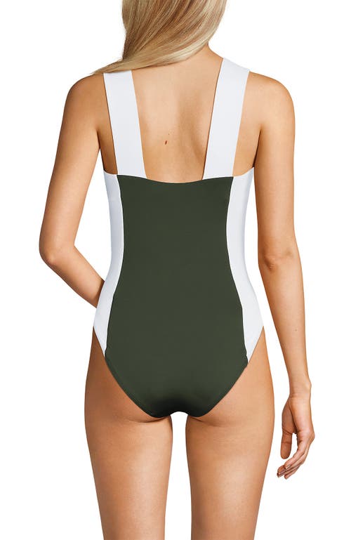 Lands' End Square Neck High Leg One Piece Swimsuit In Rich Olive Green/white