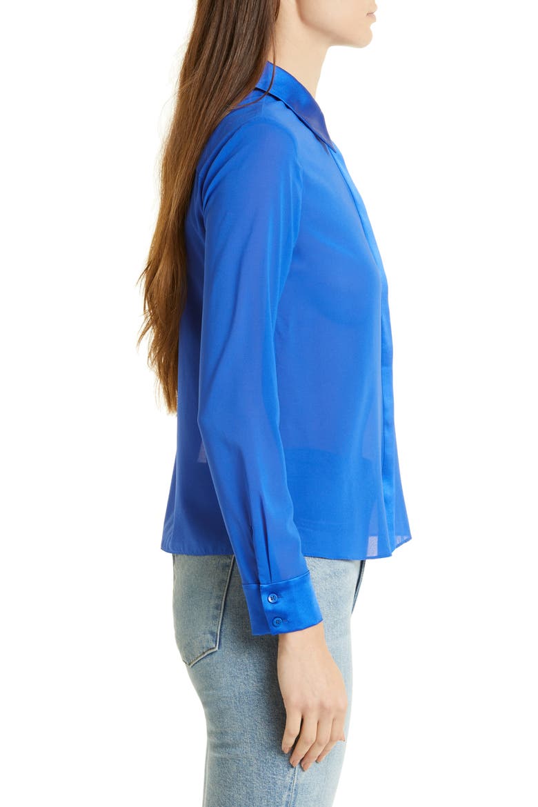 Willa Mixed Media Stretch Silk Button-Up Blouse, Alternate, color, ROYALTY