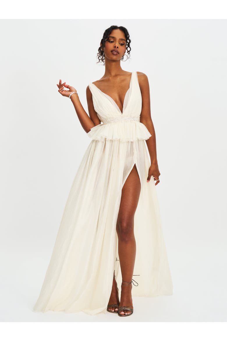 Calleigh Flare Beaded Belt Maxi Gown, Main, color, Silver-shiny off-white