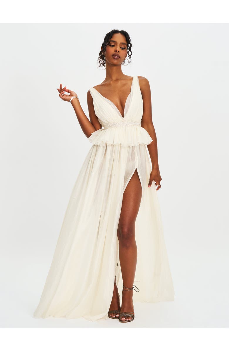 Miss Circle Calleigh Flare Beaded Belt Maxi Gown, Main, color, Silver-Shiny Off-White