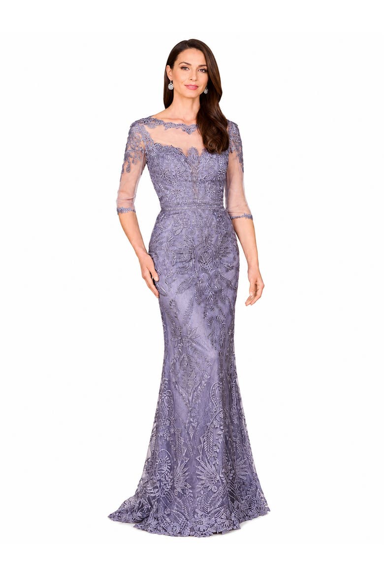 Beaded Faux-Wrap V-Neck Bridal Gown, Main, color, Grey Blue