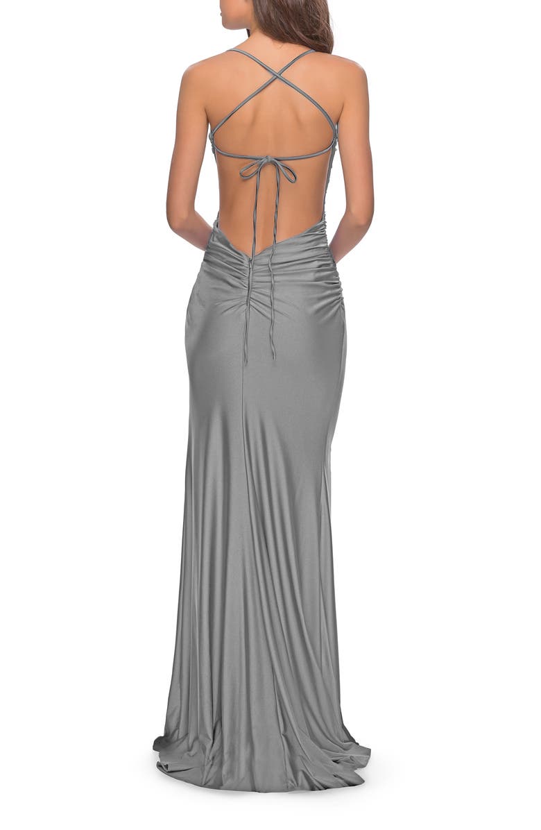 Long Tie Up Back Jersey Prom Dress with Slit