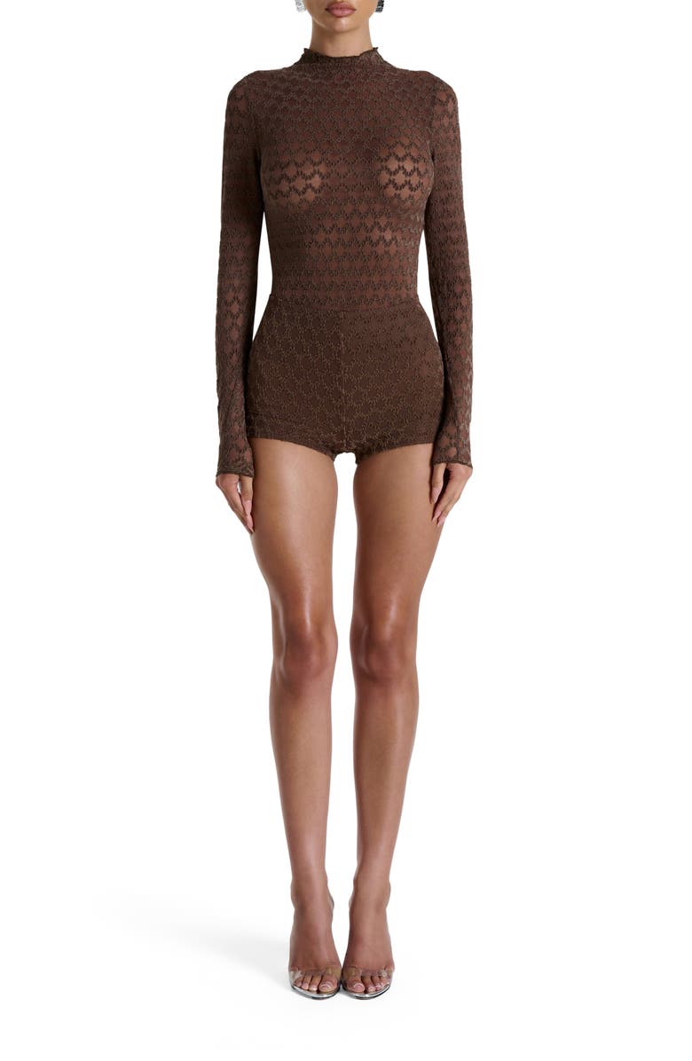Naked Wardrobe Flocked Velvet Lace Mock Neck Long Sleeve Bodysuit, Alternate, color, Chocolate