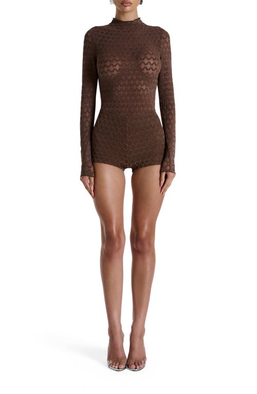 Naked Wardrobe Flocked Velvet Lace Mock Neck Long Sleeve Bodysuit In Brown