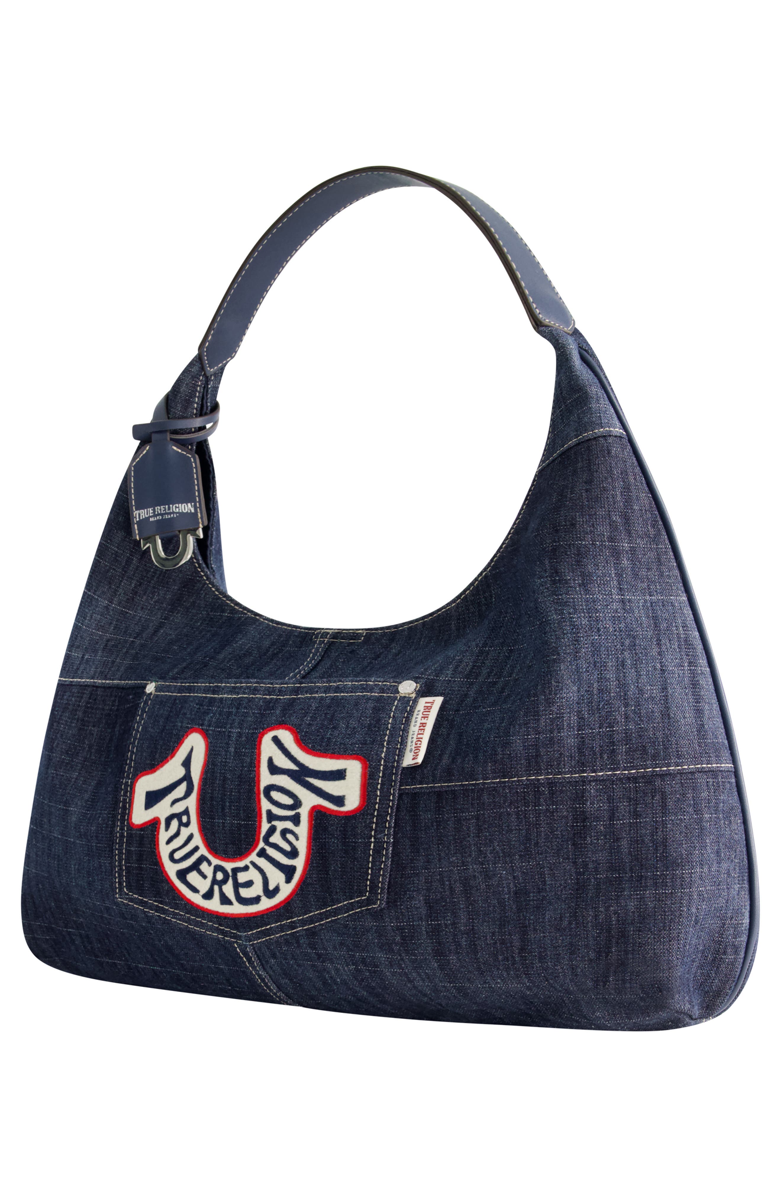 USPA ACCESSORIES Retro Logo Denim Hobo Bag, Alternate, color, 