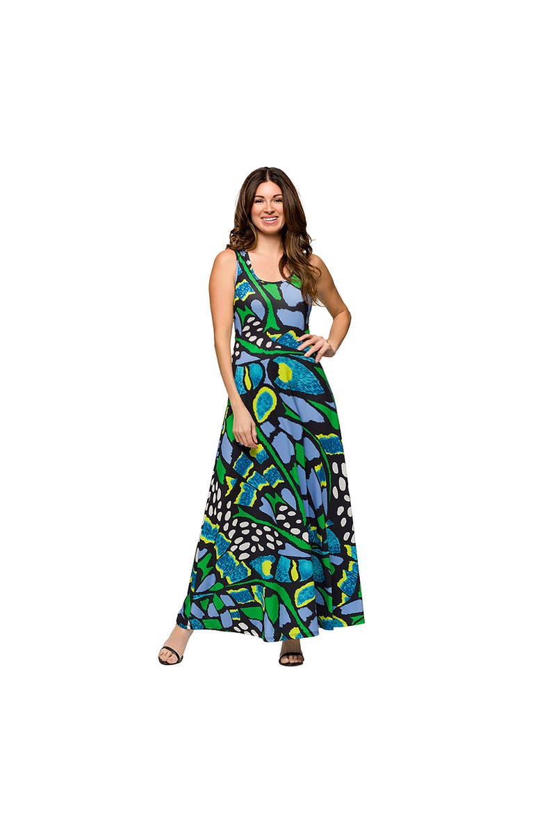 24seven Comfort Apparel Maternity Blue Butterfly Print Scoop Neck A-Line Sleeveless Maxi Dress, Main, color, Blue Multi