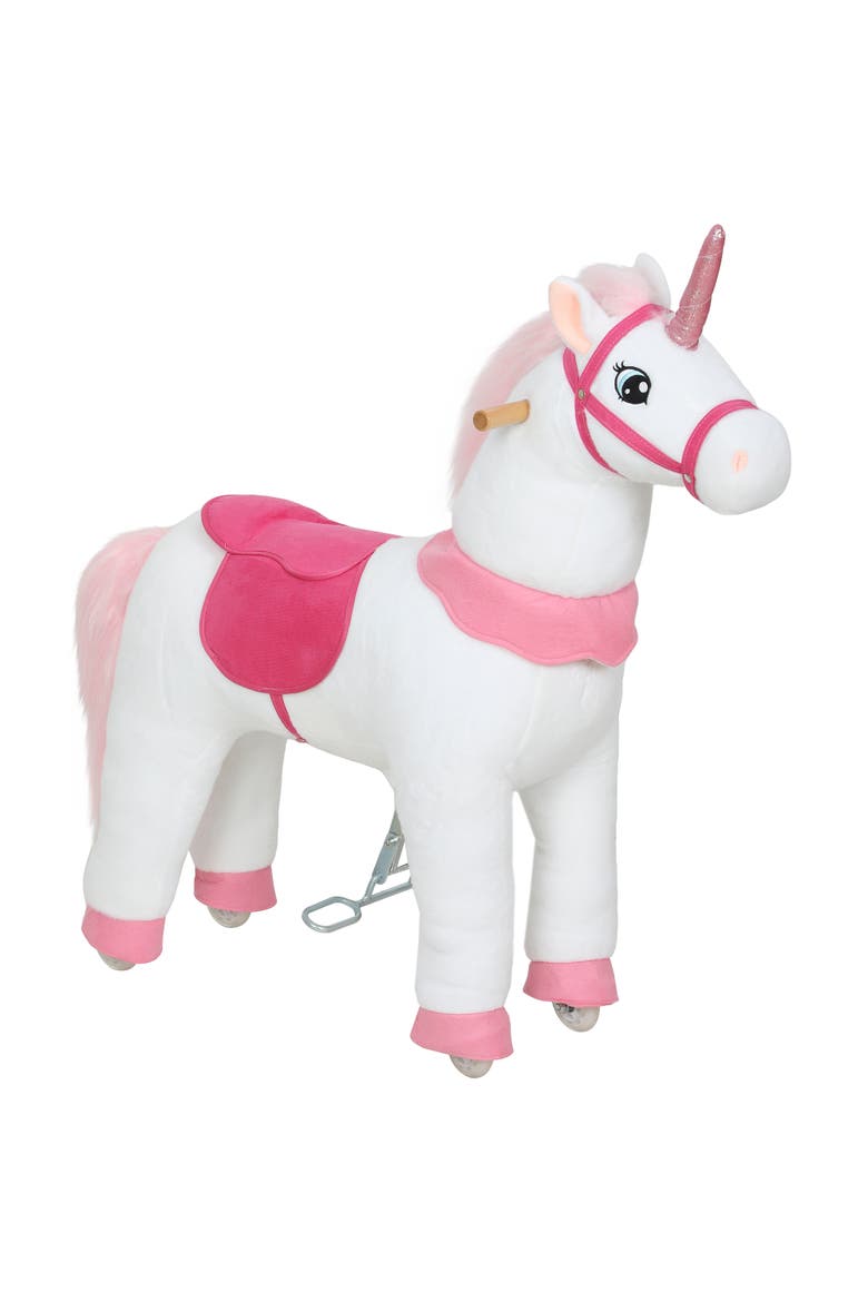 Ride on Unicorn Toy for Kids Plush Baby Rocking Horse Mechanical Walking Animal with Wheels No Batteries Required, Main, color, White