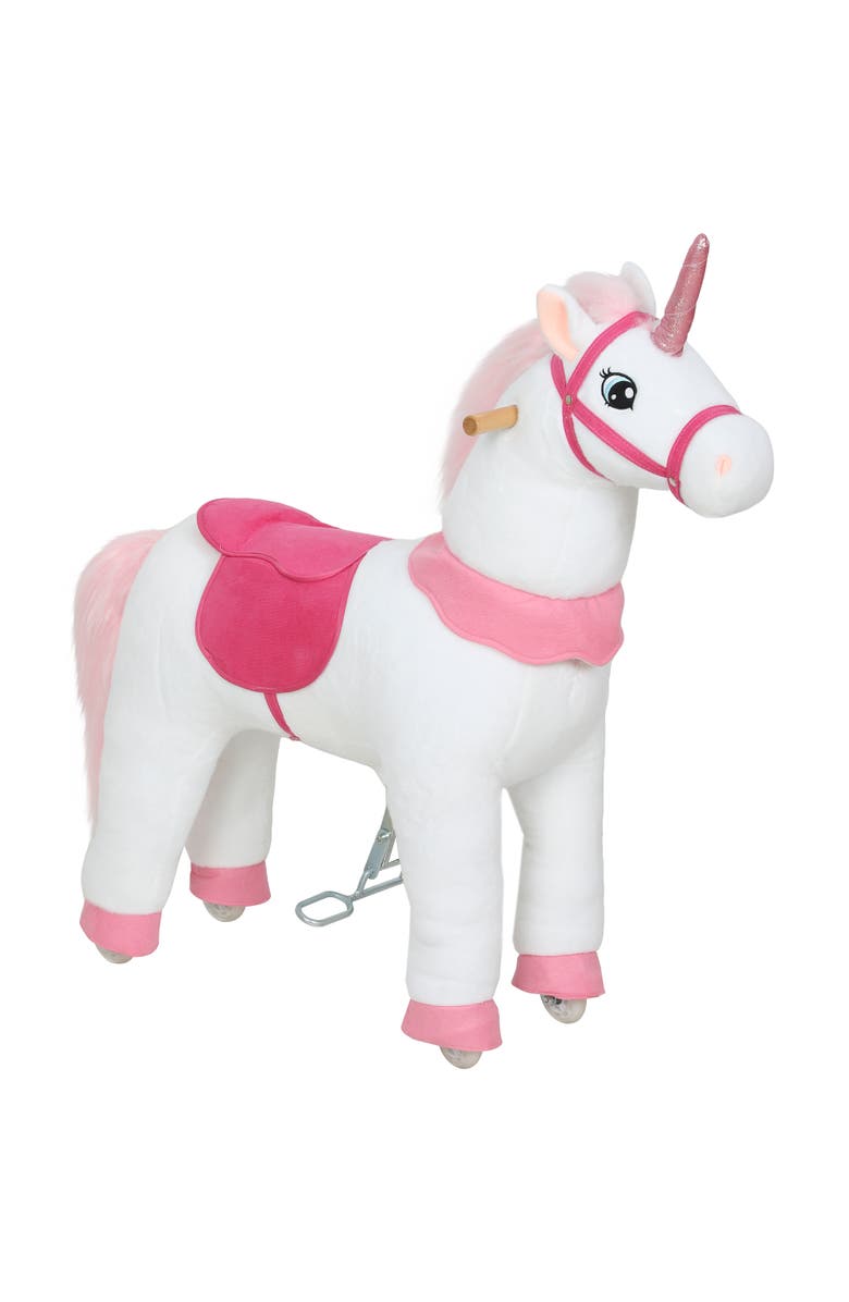 Qaba Ride on Unicorn Toy for Kids Plush Baby Rocking Horse Mechanical Walking Animal with Wheels No Batteries Required, Main, color, White