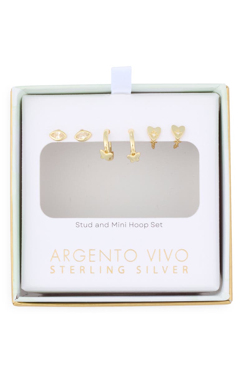 ARGENTO VIVO Set of 3 Stud & Huggie Hoop Drop Earrings, Main, color, Gold