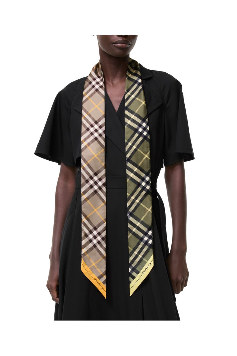 Skinny Contrast Check Silk Scarf, Alternate, color, Vole brown/pea green