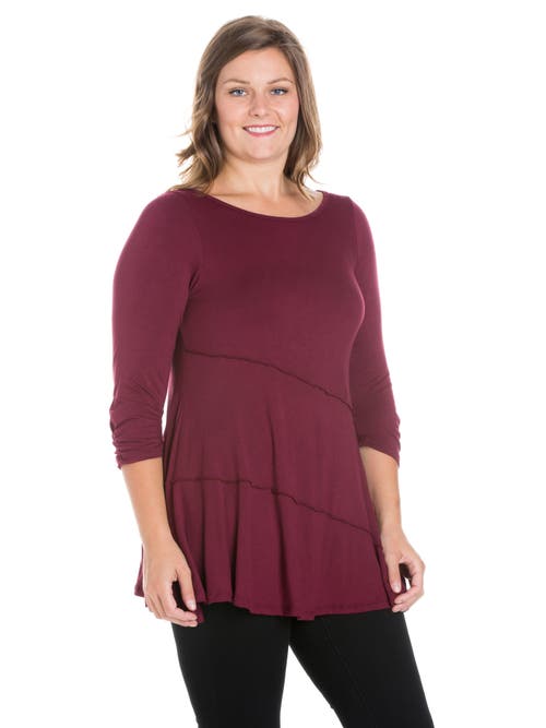 24seven Comfort Apparel Plus Size Ruched Sleeve Swing Tunic Top In Burgundy