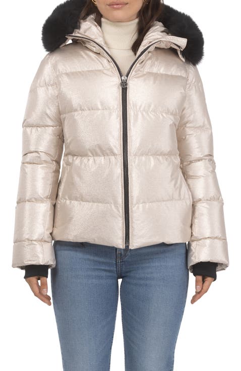 Apres-Ski Short Bomber Jacket with Detachable Genuine Shearling Hood Trim