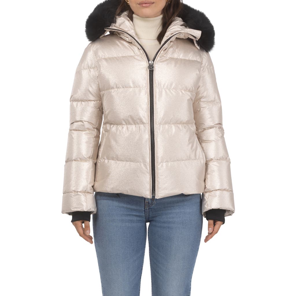 GORSKI Apres-Ski Short Bomber Jacket with Detachable Genuine Shearling Hood Trim in Gold/black at Nordstrom, Size Medium