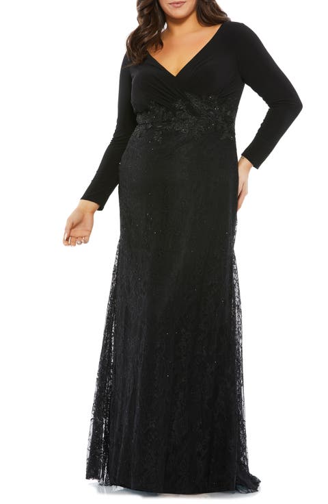 Wrap-Over Long Sleeve Lace Applique Trumpet Gown