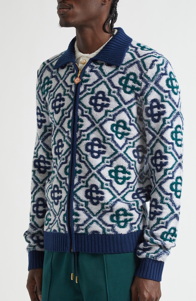 Casablanca Monogram Jacquard Merino Wool Blend Zip Cardigan, Alternate, color,