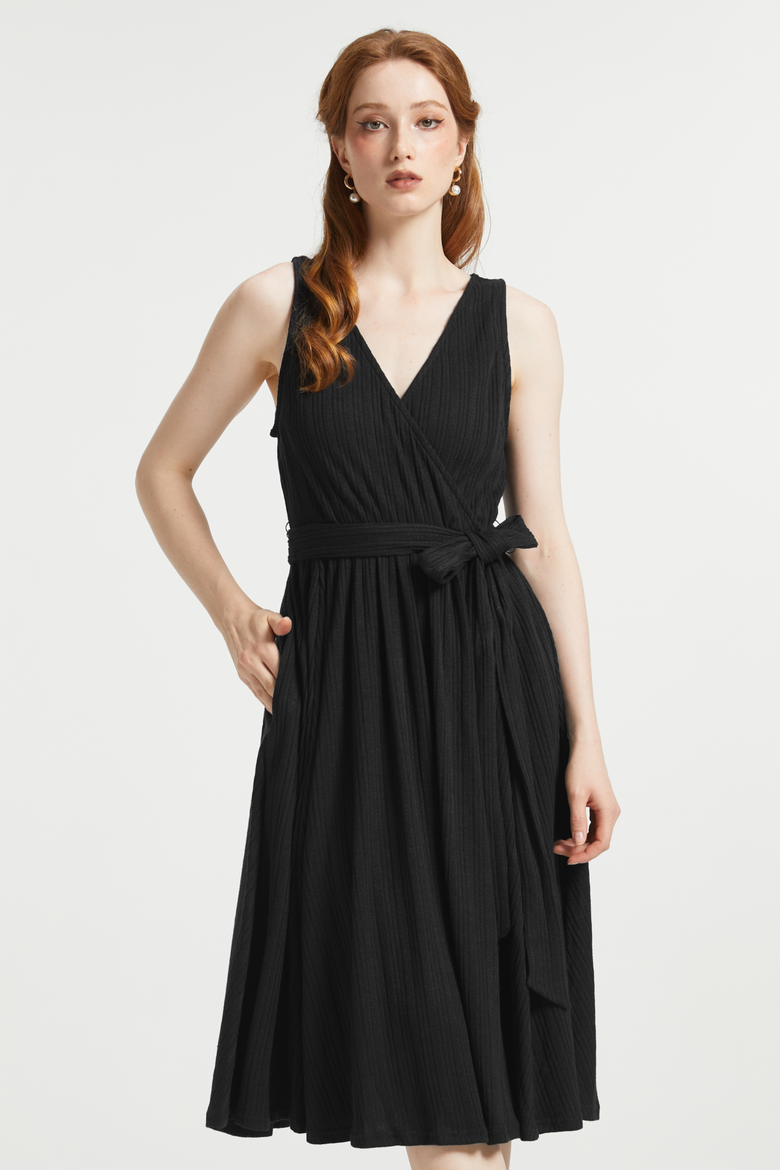 Instant Energy Sleeveless Faux Wrap Knit Dress, Alternate, color, Black Stretch Knit
