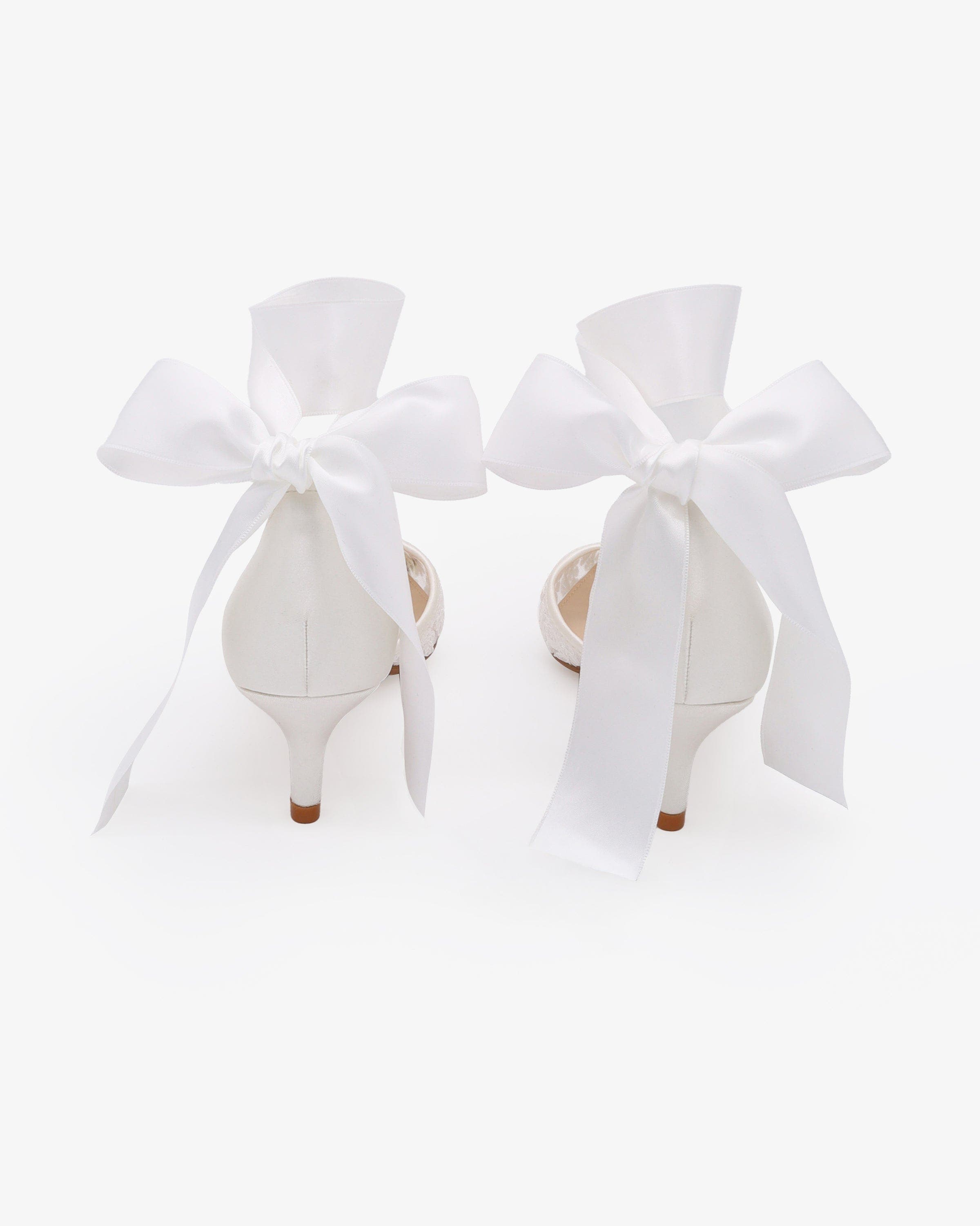 Kailee P Claudia Crochet Lace Pointy Toe Wedding Kitten Low Heel with Wrapped Satin Ribbon Tie, Alternate, color, White