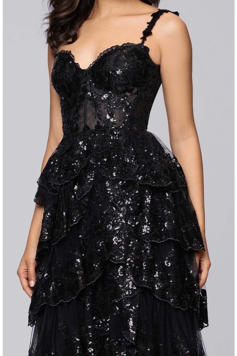 Sequin Layered Ruffle Ballgown, Alternate, color, BLACK