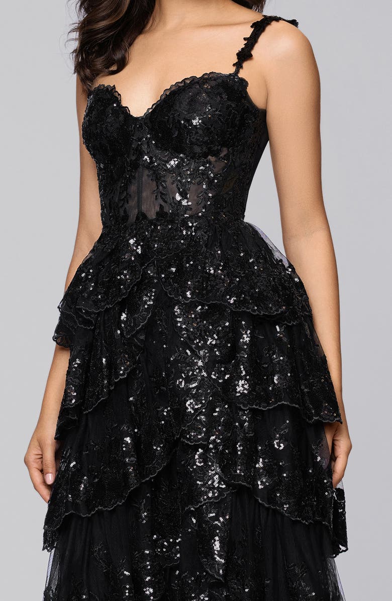 Blondie Nites Sequin Layered Ruffle Ballgown, Alternate, color, Black