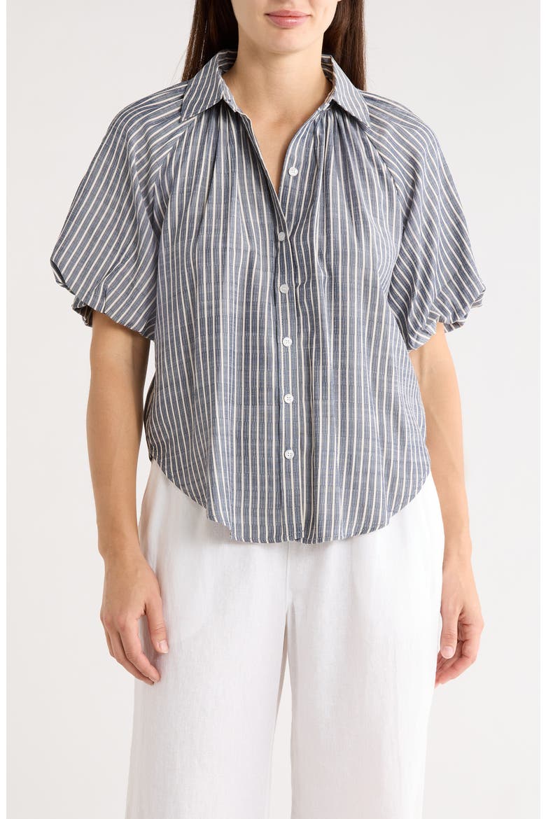 Bubble Sleeve Boyfriend Shirt, Main, color, INDIGO/ IVORY STRIPE