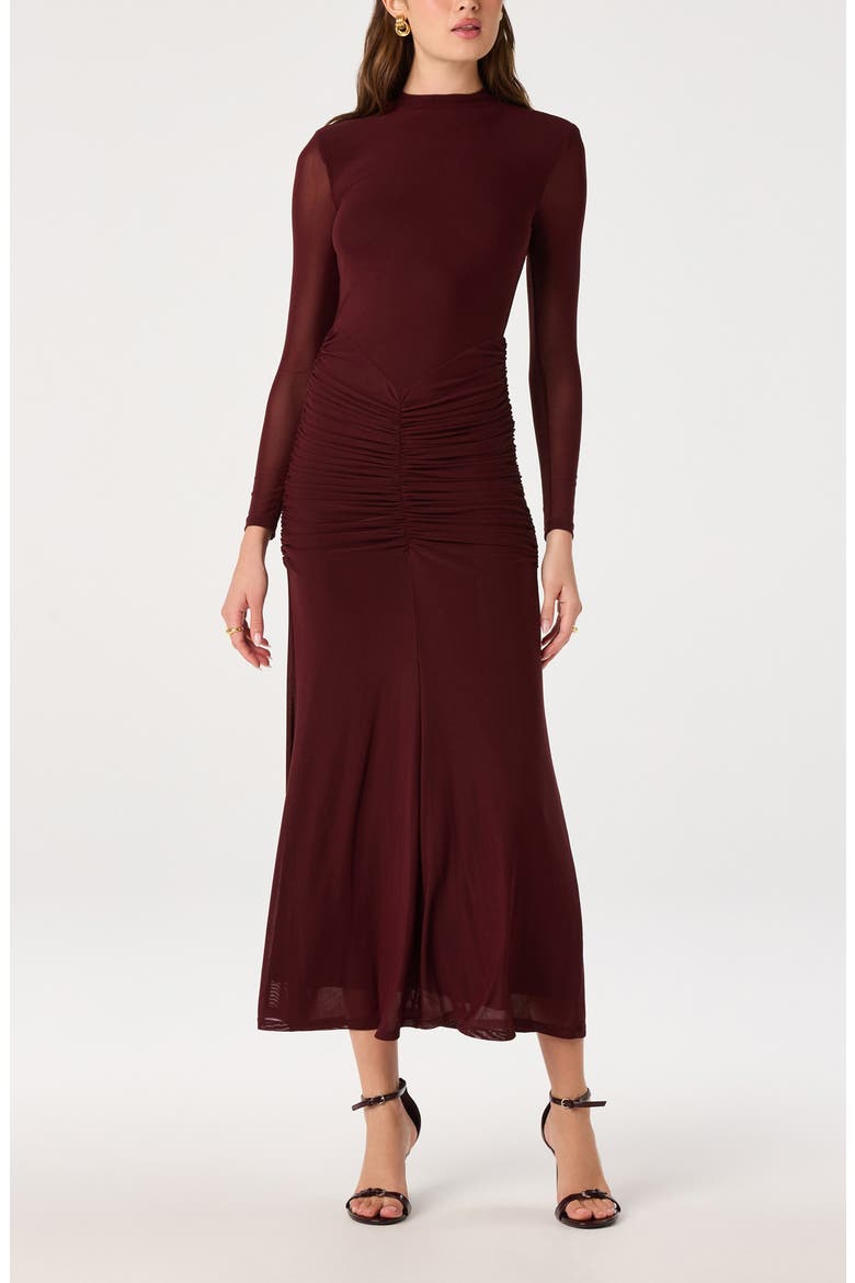 Romy Mock Neck Ruched Midi Dress, Main, color, BURGUNDY