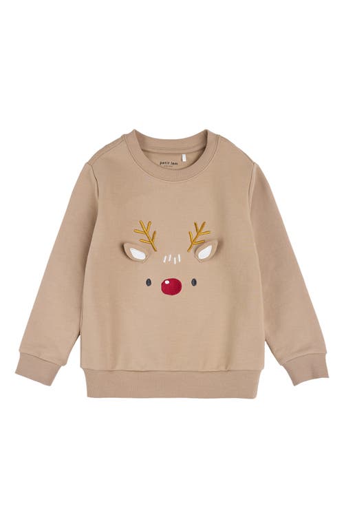 FIRSTS by Petit Lem Kids' Holiday Reindeer Embroidered Cotton Graphic Sweatshirt in Sand 