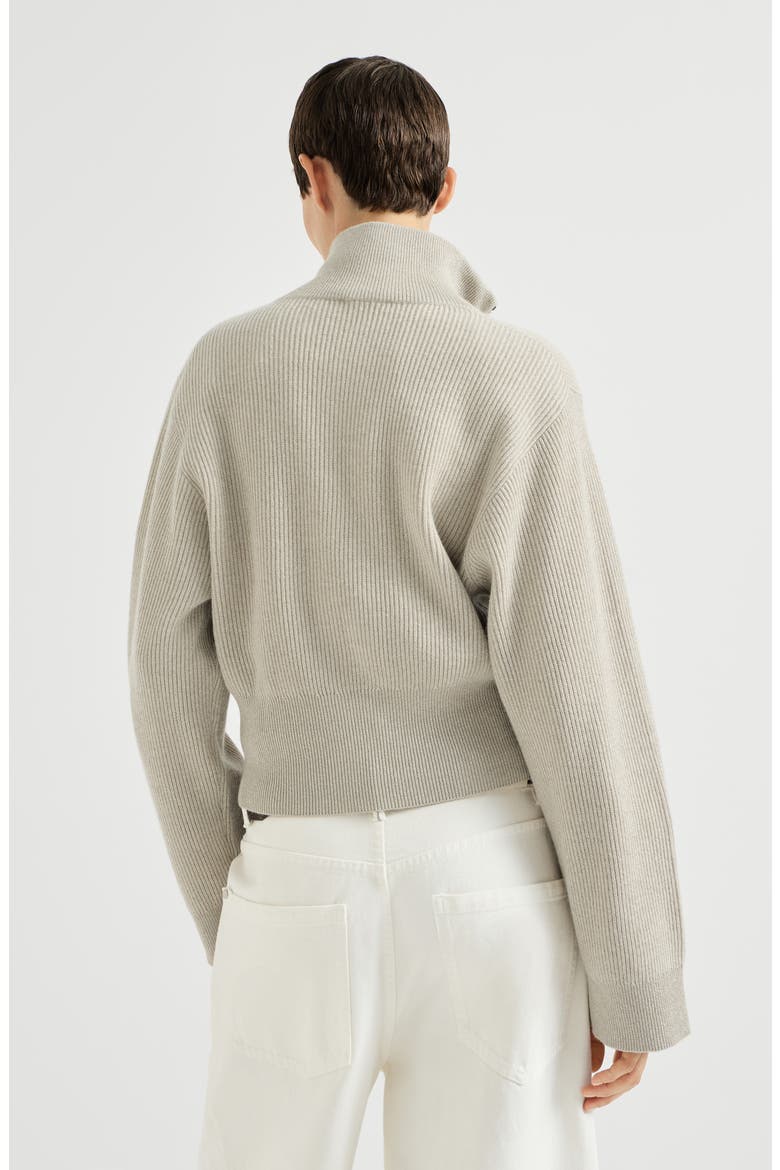 Sparkling cashmere English rib cardigan with shiny zipper pull, Alternate, color, Sand