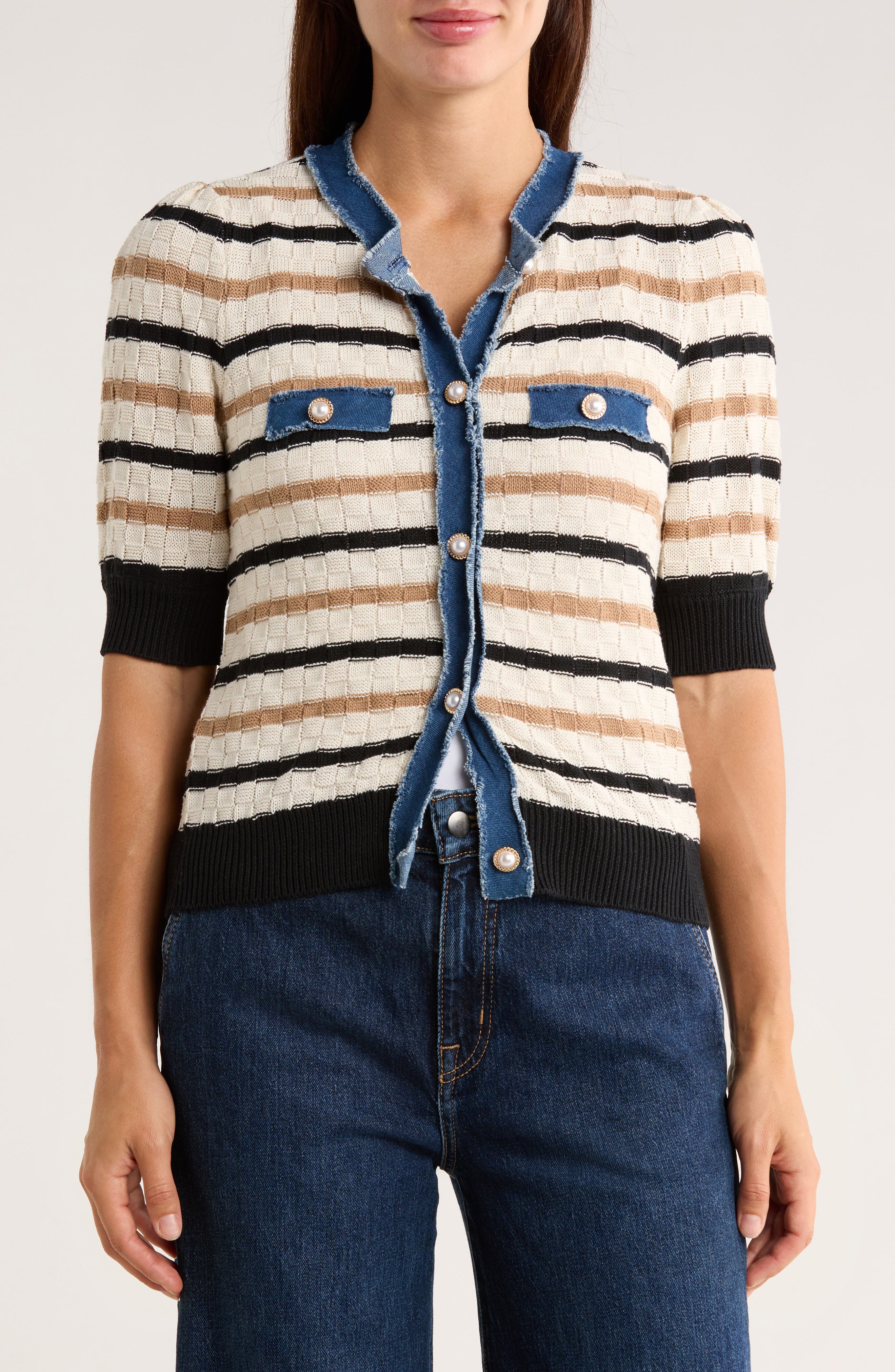 Ellen Tracy Frayed Denim Trim Short Sleeve Cardigan