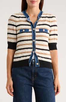 Ellen Tracy Frayed Denim Trim Short Sleeve Cardigan
