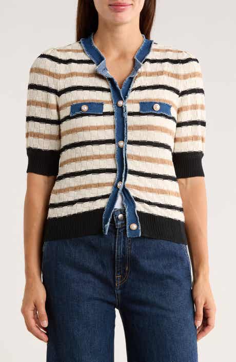 Ellen Tracy Frayed Denim Trim Short Sleeve Cardigan