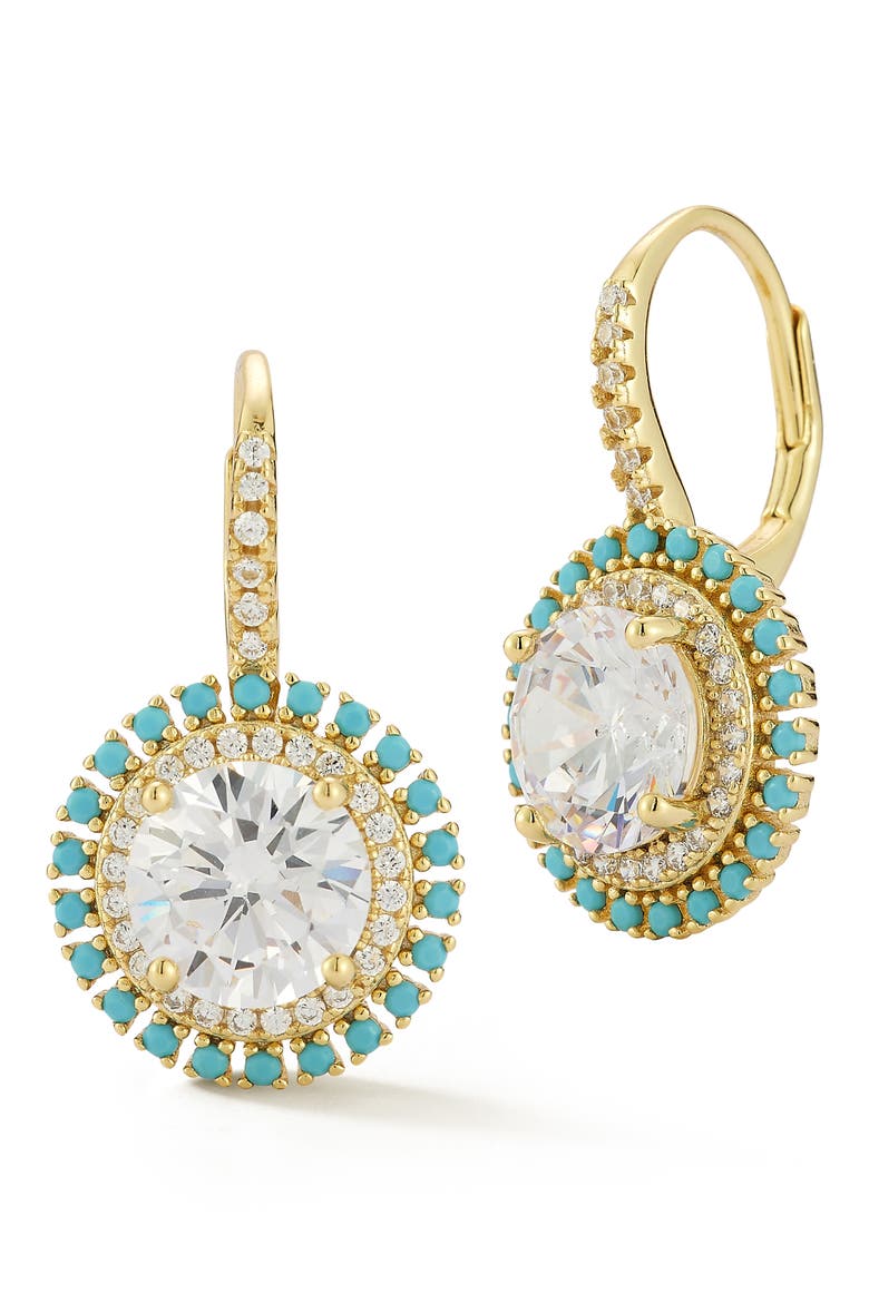 Cubic Zirconia & Synthetic Turquoise Halo Lever Back Earrings, Main, color, GOLD/WHITE