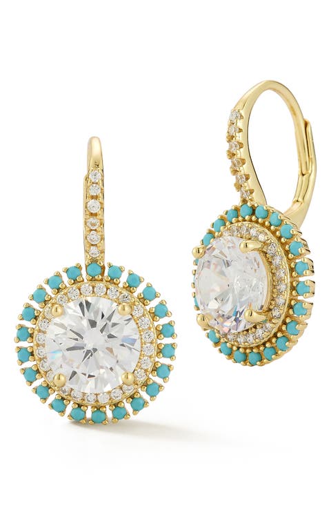 Cubic Zirconia & Synthetic Turquoise Halo Lever Back Earrings