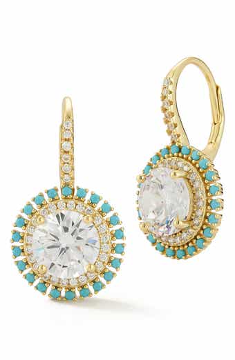 Cubic Zirconia & Synthetic Turquoise Halo Lever Back Earrings