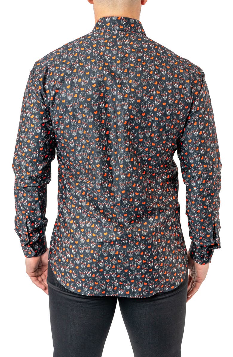 Maceoo Fibonacci Skull Heart Contemporary Fit Button-Up Shirt, Alternate, color, Black