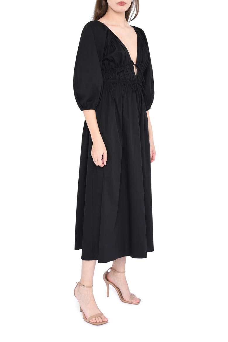 Veronica Ruched Puff Elbow Sleeve Midi Dress, Alternate, color, BLACK