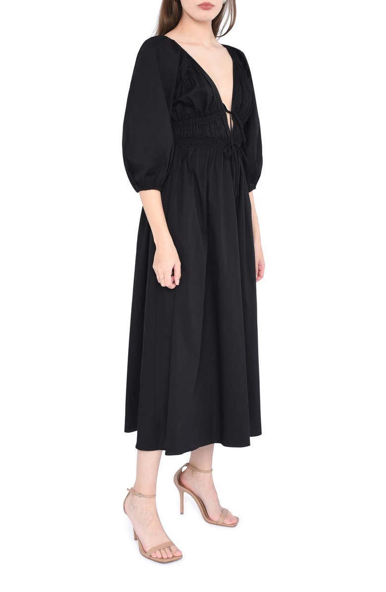WAYF Veronica Ruched Puff Elbow Sleeve Midi Dress, Alternate, color,