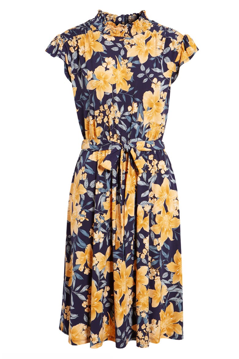 Floral Print Belted A-Line Dress, Alternate, color, NAVY/ GOLDEN YELLOW