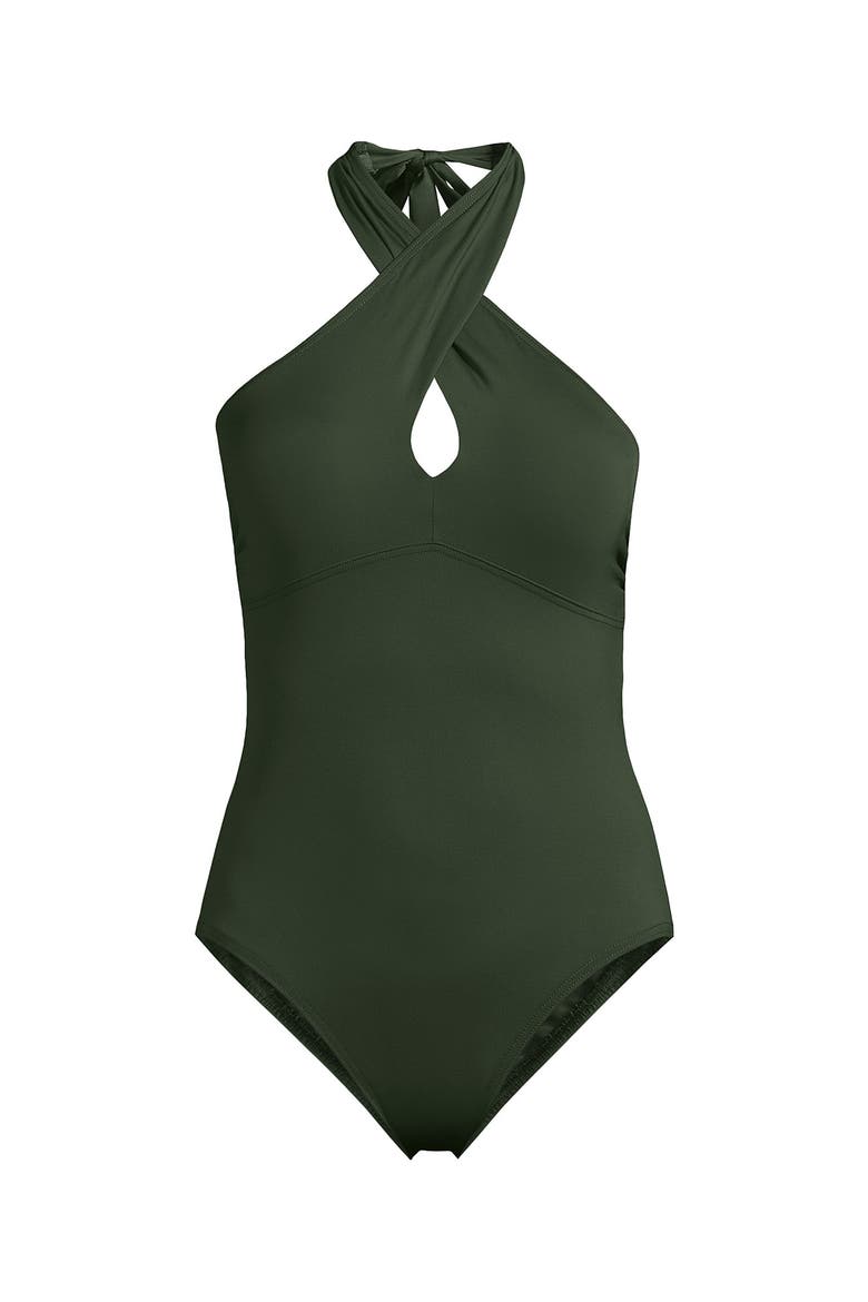 Criss Cross Halter One Piece Swimsuit, Alternate, color, Rich Olive Green